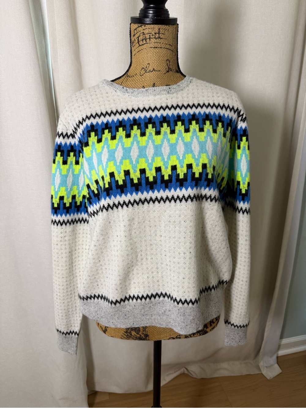 Brodie Cashmere Cream Crewneck Sweater with Blue and Neon Yellow Geometric Yoke